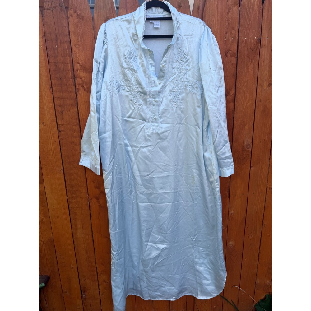 Miss Elaine Vintage Blue Satin Nightgown Embroidered Lace Trim Plus 1X 51114X